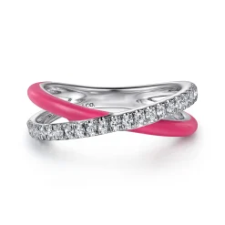 Clearance Gabriel & Co. Enamel - 925 Sterling Silver White Sapphire Criss Cross Stackable with Fuschia Enamel
