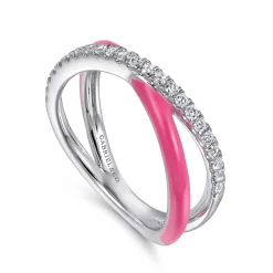 Clearance Gabriel & Co. Enamel - 925 Sterling Silver White Sapphire Criss Cross Stackable with Fuschia Enamel