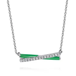 Best Gabriel & Co. Enamel - 925 Sterling Silver White Sapphire Criss Cross Bar Necklace with Emerald Green Enamel
