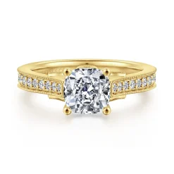 Best Gabriel & Co. Favola - 14K Yellow Gold Cushion Cut Lotus Diamond Engagement Ring