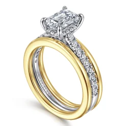 Hot Gabriel & Co. Feah - 14K Yellow-White Gold Wide Band Emerald Cut Diamond Engagement Ring