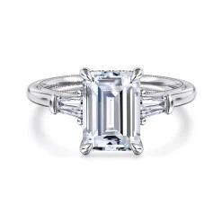 New Gabriel & Co. Feana - 14K White Gold Emerald Cut Three Stone Diamond Engagement Ring