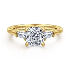 Hot Gabriel & Co. Feana - 14K Yellow Gold Cushion Cut Three Stone Diamond Engagement Ring