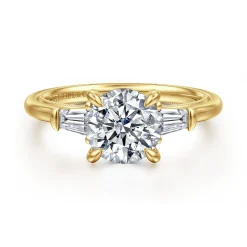 Discount Gabriel & Co. Feana - 14K Yellow Gold Round Three Stone Diamond Engagement Ring