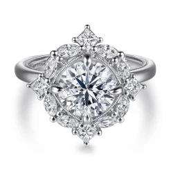 New Gabriel & Co. Fernanda - 14K White Gold Compass Prong Round Halo Diamond Engagement Ring