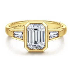 Best Gabriel & Co. Fiorenza - 14K Yellow Gold Emerald Cut Three Stone Bezel Set Diamond Engagement Ring