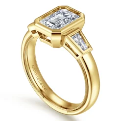 Best Gabriel & Co. Fiorenza - 14K Yellow Gold Emerald Cut Three Stone Bezel Set Diamond Engagement Ring