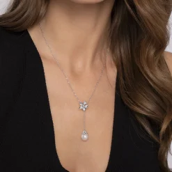 Gabriel & Co. Floral - 20 inch 925 Sterling Silver Floral White Sapphire and Pearl Y Necklace
