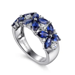 Sale Gabriel & Co. Floral - 14K White Gold Diamond and Blue Sapphire Floral Wide Band Ring