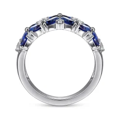 Sale Gabriel & Co. Floral - 14K White Gold Diamond and Blue Sapphire Floral Wide Band Ring