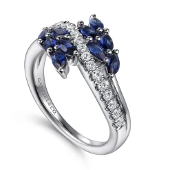 New Gabriel & Co. Floral - 14K White Gold Diamond and Blue Sapphire Marquise Floral Ring