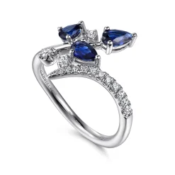 New Gabriel & Co. Floral - 14K White Gold Diamond and Blue Sapphire Bypass Floral Ring