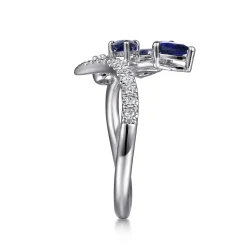 New Gabriel & Co. Floral - 14K White Gold Diamond and Blue Sapphire Bypass Floral Ring