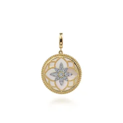 Gabriel & Co. Floral - 14K Yellow Gold Bujukan Diamond and Mother of Pearl Medallion Pendant in size 24mm With Detachable Bail