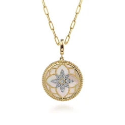 Gabriel & Co. Floral - 14K Yellow Gold Bujukan Diamond and Mother of Pearl Medallion Pendant in size 24mm With Detachable Bail