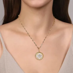 Gabriel & Co. Floral - 14K Yellow Gold Bujukan Diamond and Mother of Pearl Medallion Pendant in size 24mm With Detachable Bail