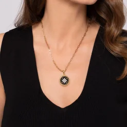 New Gabriel & Co. Floral - 14K Yellow Gold Bujukan Diamond and Black Onyx Medallion Pendant in size 24mm With Detachable Bail
