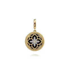 New Gabriel & Co. Floral - 14K Yellow Gold Bujukan Diamond and Black Onyx Medallion Pendant in size 18mm With Detachable Bail
