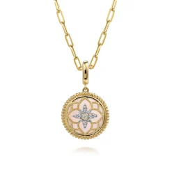 Discount Gabriel & Co. Floral - 14K Yellow Gold Bujukan Diamond and Pink Mother of Pearl Medallion Pendant in size 18mm With Detachable Bail