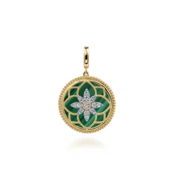 Gabriel & Co. Floral - 14K Yellow Gold Bujukan Diamond and Malachite Medallion Pendant in size 24mm With Detachable Bail