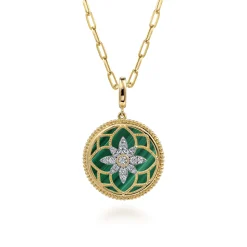 Gabriel & Co. Floral - 14K Yellow Gold Bujukan Diamond and Malachite Medallion Pendant in size 24mm With Detachable Bail