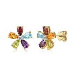 Best Gabriel & Co. Floral - 14K Yellow Gold Diamond and Multi Color Amethyst Peridot Swiss Blue Topaz Garnet Citrine Floral Stud Earrings