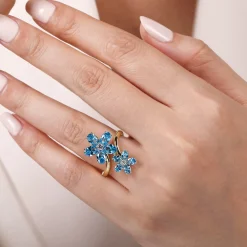 Best Gabriel & Co. Floral - 14K Yellow Gold Diamond and Blue Topaz Bypass Flower Ring