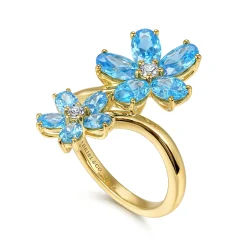 Best Gabriel & Co. Floral - 14K Yellow Gold Diamond and Blue Topaz Bypass Flower Ring
