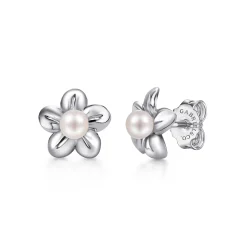 Sale Gabriel & Co. Floral - Sterling Silver Floral Dainty Cultured Pearl Stud Earrings