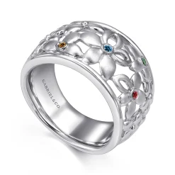 Sale Gabriel & Co. Floral - 925 Sterling Silver Wide Flower Band with Multi Colored Stones