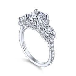 Outlet Gabriel & Co. France - 14K White Gold Round 3 Stone Halo Diamond Engagement Ring