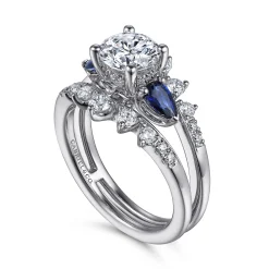 Discount Gabriel & Co. Harmony - 14K White Gold Round Three Stone Sapphire and Diamond Engagement Ring