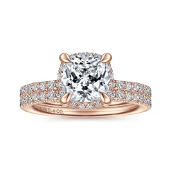 New Gabriel & Co. Hart - 14K Rose Gold Cushion Hidden Halo Diamond Engagement Ring
