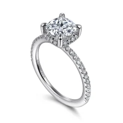 New Gabriel & Co. Hart - 14K White Gold Cushion Hidden Halo Diamond Engagement Ring