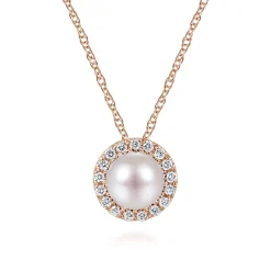 Hot Gabriel & Co. 18 Inch 14K Rose Gold Pearl and Diamond Halo Pendant Necklace