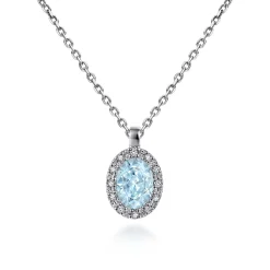 Clearance Gabriel & Co. 18 inch 14K White Gold Aquamarine and Diamond Halo Drop Necklace