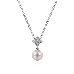 Sale Gabriel & Co. 18 inch 14K White Gold Cultured Pearl and Floral Diamond Pendant Necklace