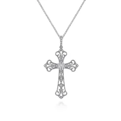 New Gabriel & Co. 18 inch 14K White Gold Diamond Filigree Cross Pendant Necklace
