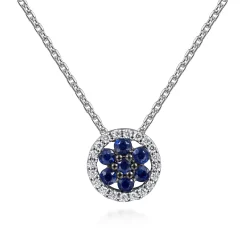 Clearance Gabriel & Co. 18 inch 14K White Gold Floral Sapphire and Diamond Halo Pendant Necklace