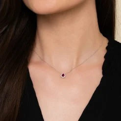 Hot Gabriel & Co. 18 inch 14K White Gold Pear Shaped Ruby and Diamond Halo Pendant Necklace