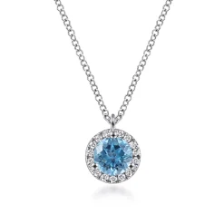 Sale Gabriel & Co. 18 inch 14K White Gold Round Blue Topaz and Diamond Halo Pendant Necklace