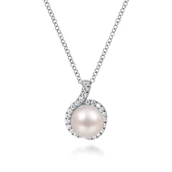 Online Gabriel & Co. 18 inch 14K White Gold Round Cultured Pearl and Diamond Halo Pendant Necklace