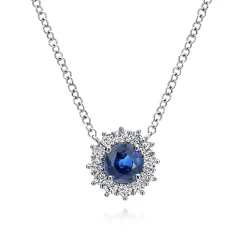 Sale Gabriel & Co. 18 inch 14K White Gold Round Sapphire and Diamond Halo Pendant Necklace