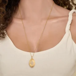 Best Gabriel & Co. 25 inch 14K Yellow Gold Oval Locket Necklace with Diamond Starburst Overlay