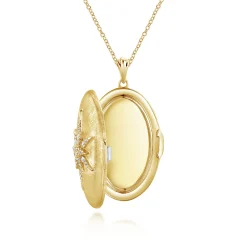 Best Gabriel & Co. 25 inch 14K Yellow Gold Oval Locket Necklace with Diamond Starburst Overlay