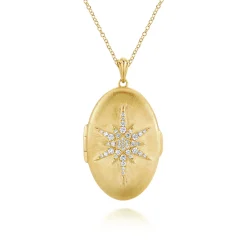 Best Gabriel & Co. 25 inch 14K Yellow Gold Oval Locket Necklace with Diamond Starburst Overlay