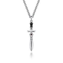 New Gabriel & Co. 22 Inch 925 Sterling Silver Garnet Dagger Pendant Necklace With Black Enamel