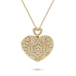 Clearance Gabriel & Co. 24 inch Vintage Inspired 14K Yellow Gold Heart Shaped Filigree Diamond Locket Necklace