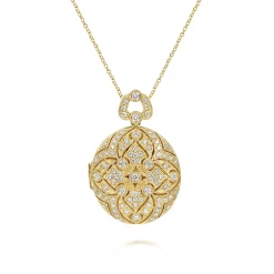 Discount Gabriel & Co. 24 inch Vintage Inspired 14K Yellow Gold Round Filigree Diamond Locket Necklace