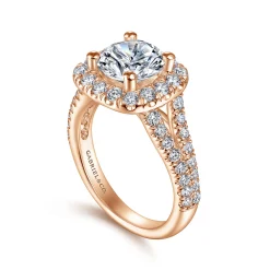Discount Gabriel & Co. James - 14K Rose Gold Cushion Halo Round Diamond Engagement Ring